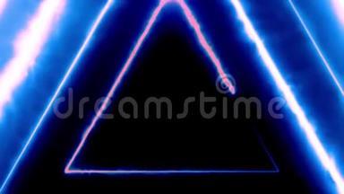 霓虹灯在无边无际的发光旋转霓虹灯三角形中飞舞，创造了一条隧道，蓝色的红粉紫色光谱